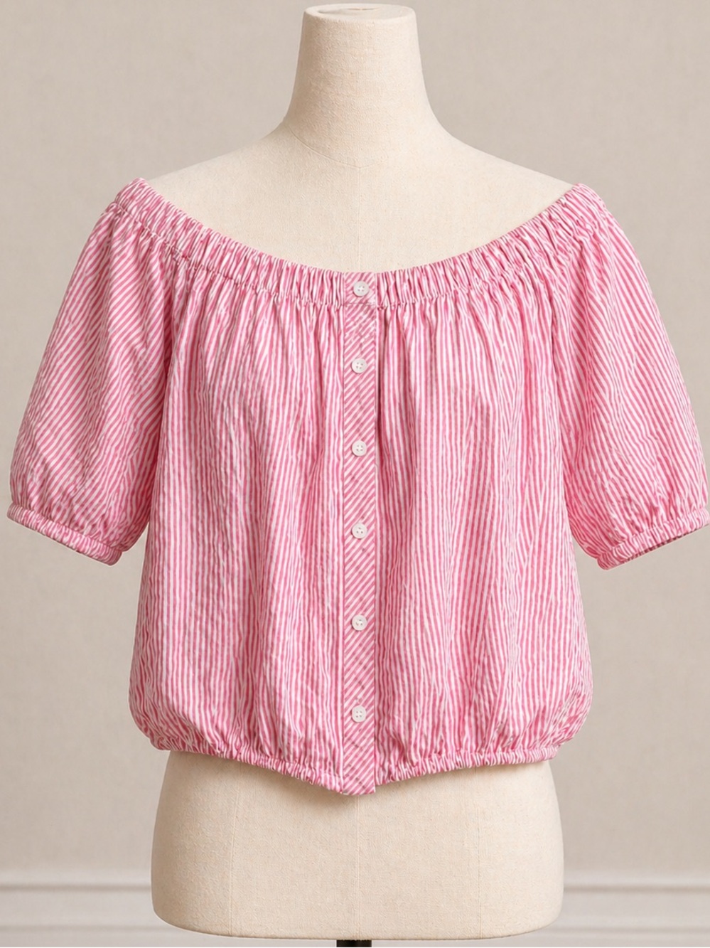 Forever 21 Pink and White Striped Off-the-Shoulder Button Top